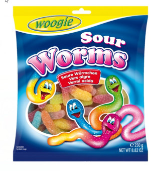 Жевательные конфеты с фруктовым вкусом "Кислые червячки" Woogie 250 гр