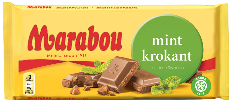 Шоколад Marabou Suklaalevy Minttukrokantti (мята, карамель) 200 гр
